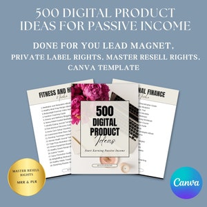 Pode incluir: Um modelo Canva para um ímã de leads de ideias de produtos digitais. O modelo apresenta um fundo floral rosa com um laptop e uma vela. O texto no modelo diz "500 ideias de produtos digitais" e "Comece a ganhar renda passiva".