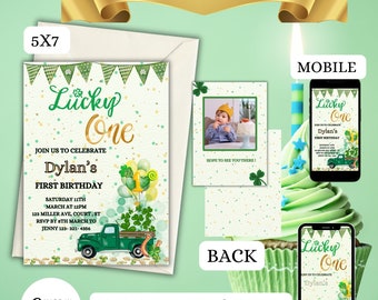 Shamrock Birthday Invitation, Gold Lucky One Birthday Invitation, St Patrick's Invitation, Shamrock 1st Birthday, Editable Template mobile