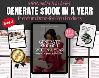 Puede incluir: Una portada de producto digital rosa y blanca con el texto "Generar 100.000 € en un año" y "Tu plan de acción completo". La portada también presenta a una mujer sentada frente a una computadora portátil. El producto es una guía de marketing digital de 115 páginas.