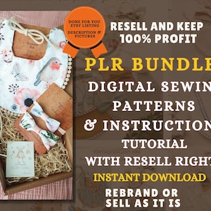 Può includere: Una scatola piena di ritagli di stoffa e un bavaglino con un motivo floreale e un design di uccello. La scatola ha un'etichetta che dice "It's a Girl". L'immagine include anche il testo "PLR Bundle Digital Sewing Patterns & Instructions Tutorial with Resell Rights Instant Download Rebrand or Sell as it is".