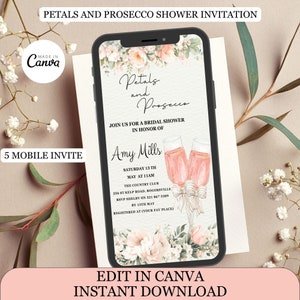 Mobile Petals and Prosecco Bridal Shower Invitation, Pink and Green  Petals  Prosecco Bridal Shower Invite, Editable Bridal Shower Template,