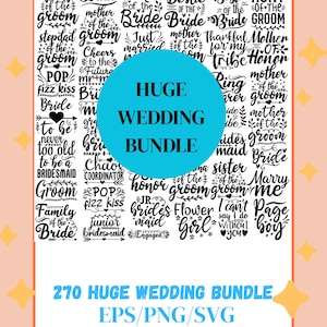 Könnte beinhalten: Ein digitales Hochzeitsbündel-Grafik mit verschiedenen hochzeitsbezogenen Phrasen in schwarzem Text. Die Wörter sind um einen blauen Kreis angeordnet, auf dem "HUGE WEDDING BUNDLE" steht. Das Bild enthält auch den Text "270 HUGE WEDDING BUNDLE EPS/PNG/SVG."