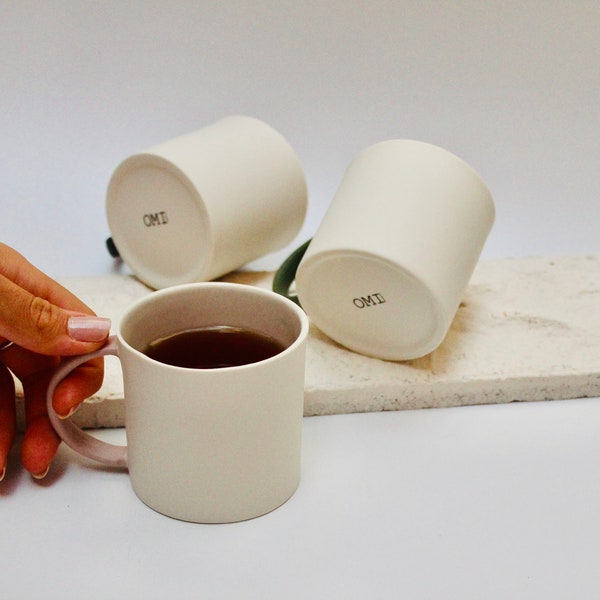 Fine Porcelain Coffee Mug, White Mug with Pink Handle, White Porcelain Chine Cup, Aesthetic Coffee Cup, 8 oz or 225 ml