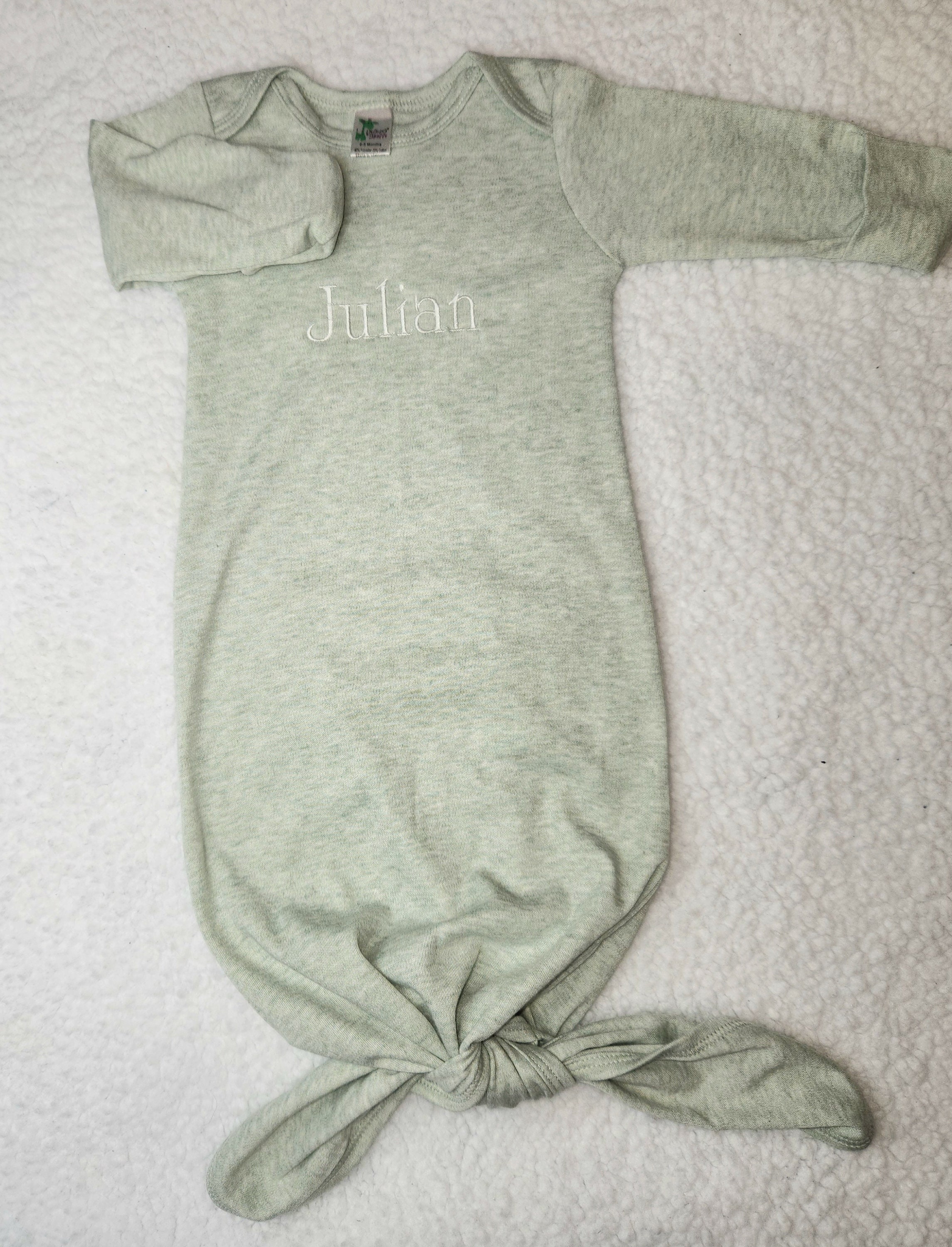 Newborn Gown in Sage Green With Fold Over Mittens Custom Knotted Newborn Gown Sage Green Newborn
