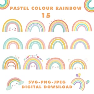 Peut inclure: Illustration de 15 arcs-en-ciel aux couleurs pastel avec des visages souriants et des éléments décoratifs. Le texte "PASTEL COLOUR RAINBOW" et "DIGITAL DOWNLOAD" est également présent. Formats SVG, PNG et JPEG.
