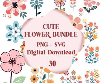 May include: A digital download bundle of 30 cute flower illustrations in PNG and SVG format. The flowers are in various colors, including pink, blue, yellow, and orange. The text "Cute Flower Bundle PNG - SVG Digital Download 30" is displayed on a pink cloud.