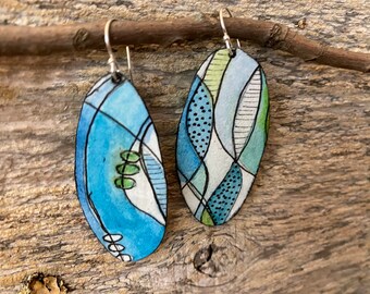 Bold Expression: Hand-Painted Long Oval Earrings in Teal and White with Hints of Lime and Soft Blue