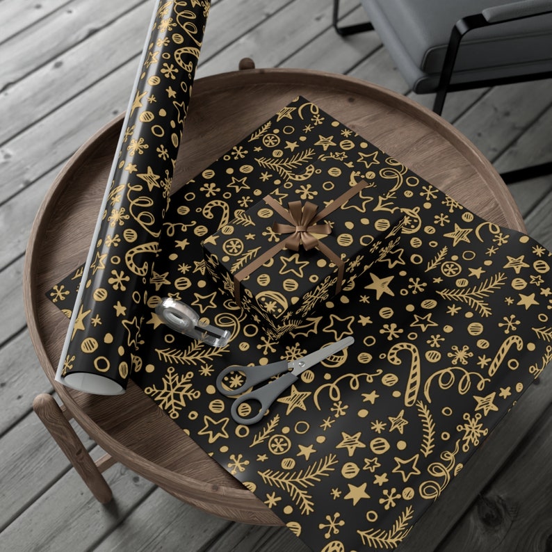 Black and Gold Sparkle Gift Wrap Paper Christmas Gift Wrap Paper Black
