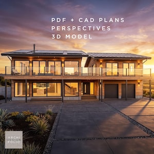 May include: A contemporary two-storey house with a wooden facade and glass balconies is set against a sunset sky. The image includes text: PDF + CAD PLANS, PERSPECTIVES, 3D MODEL. The house has a concrete driveway and a landscaped garden.