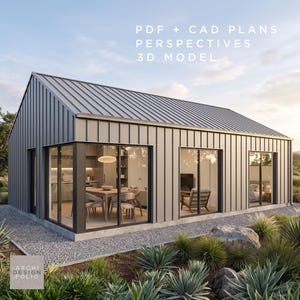 May include: A modern, gray-sided house with a metal roof, large windows, and a surrounding landscape of greenery and rocks. The text on the image reads: PDF + CAD PLANS, PERSPECTIVES, 3D MODEL. The logo says: ARCHI DESIGN FOLIO.