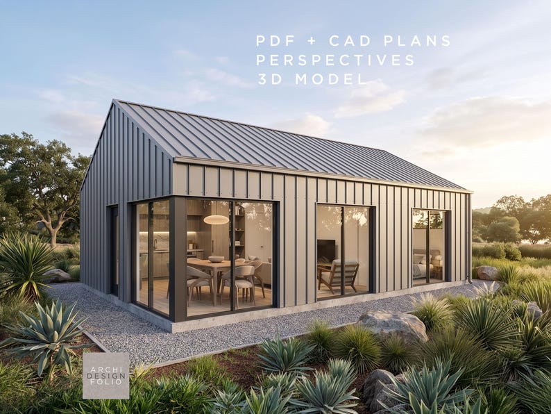 May include: A modern, gray-sided house with a metal roof, large windows, and a surrounding landscape of greenery and rocks. The text on the image reads: PDF + CAD PLANS, PERSPECTIVES, 3D MODEL. The logo says: ARCHI DESIGN FOLIO.