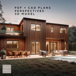 Modern huisplattegrond en ontwerp, 182,1 m², 2 verdiepingen, 5 slaapkamers, 3 badkamers, basisbouwplannen, CAD + pdf, 3D-model