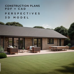 Tiny House bungalowplattegrond en ontwerp, 85 m², gelijkvloers, 3 slaapkamers, 2 badkamers, volledige bouwplannen, CAD + pdf + 3D-model