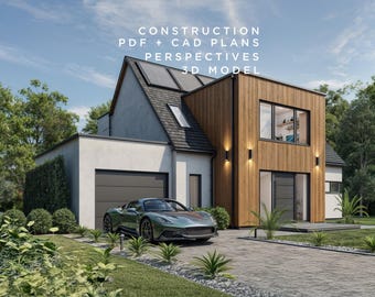 May include: A modern home with a flat roof, a garage, and a wooden exterior. The home has a green car parked in front of it.