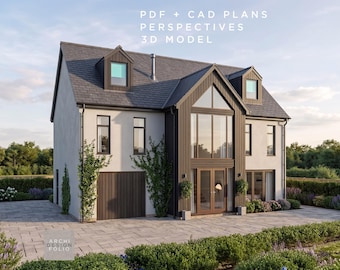 May include: A modern two-story house with a gray roof, light-colored walls, and dark wood accents. The house features large windows, a wooden garage door, and is surrounded by landscaping. Text on the image reads: PDF + CAD PLANS PERSPECTIVES 3D MODEL.