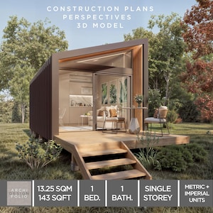 Peut inclure: Une petite maison de plain-pied avec un extérieur marron, une terrasse en bois et des escaliers. L'intérieur comprend une cuisine et un salon visibles par une porte coulissante vitrée. Texte : CONSTRUCTION PLANS PERSPECTIVES 3D MODEL, 13.25 SQM, 143 SQFT, 1 BED, 1 BATH.
