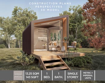 May include: A single-story tiny house with a brown exterior, a wooden deck, and stairs. The interior features a kitchen and living area visible through a glass sliding door. Text reads: CONSTRUCTION PLANS PERSPECTIVES 3D MODEL, 13.25 SQM, 143 SQFT, 1 BED, 1 BATH.