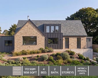 May include: A modern two-story house with a brick facade and a gray slate roof. The house has multiple windows and a dark gray accent on the exterior. The landscaping includes various plants and shrubs. The image includes the text: 172 SQM, 1858 SQFT, 4 BED, 2 BATH, 2 STOREYS.