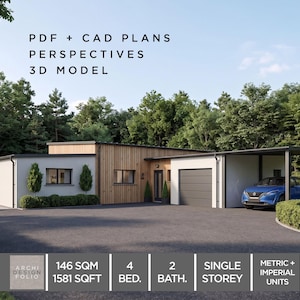 Plattegrond moderne bungalow met 4 slaapkamers: CAD-, pdf- en 3D-model (digitale download)