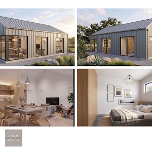 May include: A modern home design featuring a gray metal roof and siding, with large glass windows and doors. Interior shots showcase a kitchen, dining area, living room, and bedroom with wooden furniture and decor. The image includes the text "ARCHI DESIGN FOLIO".