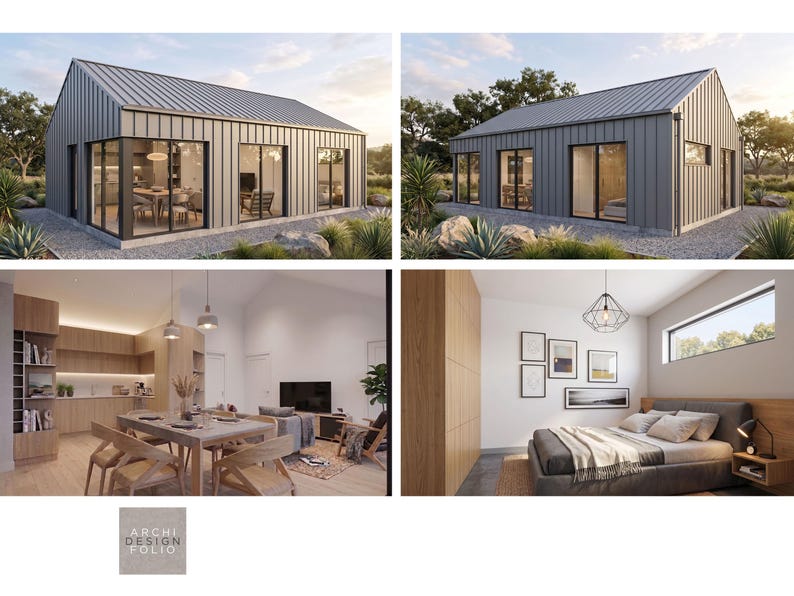 May include: A modern home design featuring a gray metal roof and siding, with large glass windows and doors. Interior shots showcase a kitchen, dining area, living room, and bedroom with wooden furniture and decor. The image includes the text "ARCHI DESIGN FOLIO".