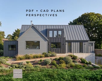 May include: A modern gray house with a dark gray metal roof and siding. The image includes the text "PDF + CAD PLANS PERSPECTIVES" and the logo "ARCHI DESIGN FOLIO". The house has large windows and is surrounded by landscaping.