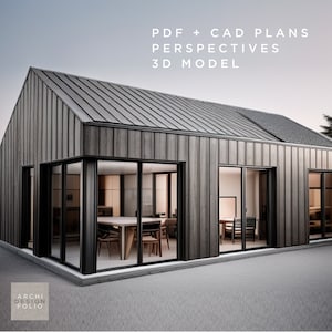 Tiny House, bungalow, tuinhuis, plattegrond en ontwerp, 56 m², 2 slaapkamers, 1 badkamer, basisbouwplannen, CAD + pdf, 3D-model