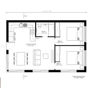 May include: Architectural floor plan of a two-bedroom apartment, featuring a kitchen, living space, and bathroom. The plan includes dimensions in feet and inches, with a total gross internal area of 96.1 square meters / 604 sq ft. The design is in black and white.