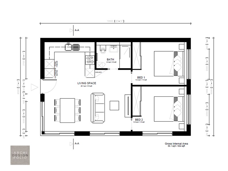 May include: Architectural floor plan of a two-bedroom apartment, featuring a kitchen, living space, and bathroom. The plan includes dimensions in feet and inches, with a total gross internal area of 96.1 square meters / 604 sq ft. The design is in black and white.