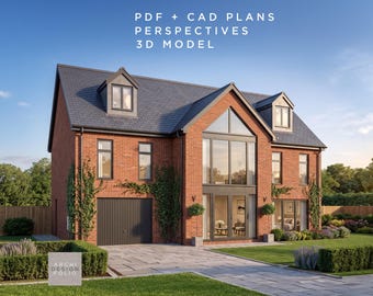 May include: A two-story brick house with a dark gray roof and large windows. The house has a garage and is surrounded by a well-manicured lawn and landscaping. Text on the image reads: PDF + CAD PLANS, PERSPECTIVES, 3D MODEL.