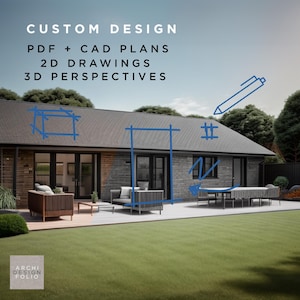 Anpassad husdesign: 2D + 3D-ritningar för enplanshus (digitalt)