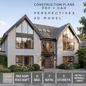 May include: A contemporary two-storey house with large windows and a dark grey roof. The image includes text that reads "CONSTRUCTION PLANS PDF + CAD PERSPECTIVES 3D MODEL". The house has 6 bedrooms, 7 bathrooms, and 3 storeys. The area is 384 sqm.