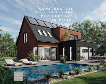 Op de afbeelding: Een modern, twee verdiepingen tellend huis met een bakstenen buitenkant en een zwart dak. Het huis heeft een zwembad in de achtertuin en een terras met ligstoelen. De tekst "CONSTRUCTION PDF + CAD PLANS PERSPECTIVES 3D MODEL" wordt bovenaan de afbeelding weergegeven.