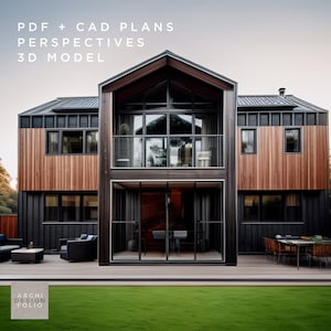 Pode incluir: Uma casa moderna de dois andares com um grande deck e um gramado. A casa tem um exterior preto com revestimento de madeira e grandes janelas. O deck tem uma mesa e cadeiras, e há duas espreguiçadeiras no gramado. O texto "PDF + CAD PLANS PERSPECTIVES 3D MODEL" está no topo da imagem.