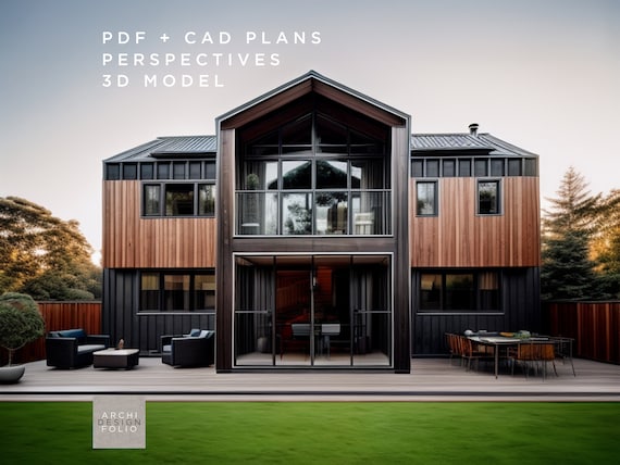 Plan De Maison Moderne Sur Deux étages – 4 Chambres, 3 Salles De Bain, Fichier CAO Personnalisable