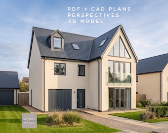 May include: A modern two-story house with a light beige exterior, dark gray roof, and matching garage door. Large windows and glass doors offer a view of the interior. Text on the image reads "PDF + CAD PLANS PERSPECTIVES 3D MODEL".