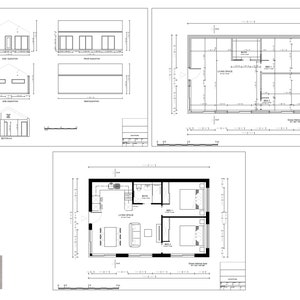 May include: Architectural drawings of a house, including side, front, and rear elevations, and a sectional view. The drawings also include a floor plan with labeled rooms, dimensions, and furniture layouts. The image includes the text "ARCHI DESIGN FOLIO".