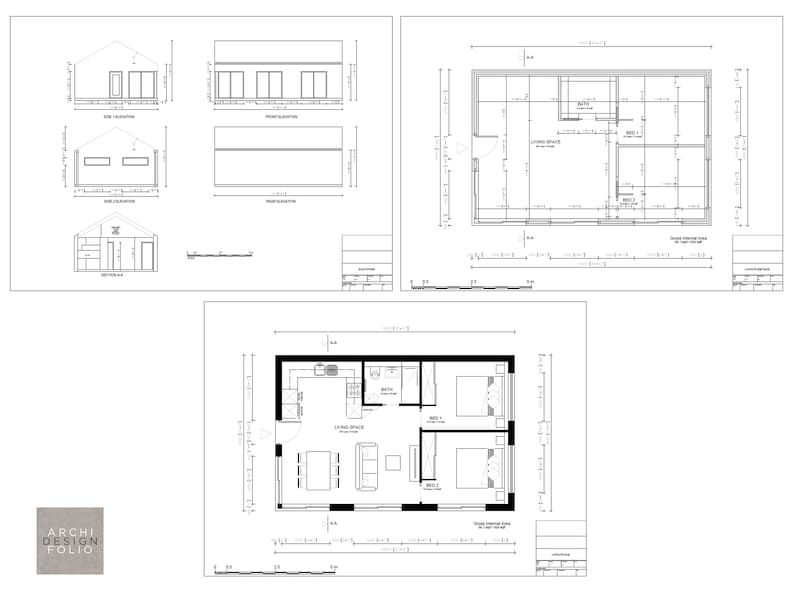 May include: Architectural drawings of a house, including side, front, and rear elevations, and a sectional view. The drawings also include a floor plan with labeled rooms, dimensions, and furniture layouts. The image includes the text "ARCHI DESIGN FOLIO".