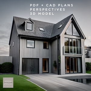 Modern huisplattegrond en ontwerp, 3 verdiepingen, 185,5 m², 5 slaapkamers, 4 badkamers, basisconstructieplannen, CAD + pdf en 3D-model