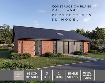 Modern Tiny House Bungalow Plan: 3 Bed, 2 Bath, 85 sqm / 915 sqft (CAD + PDF + 3D Model)