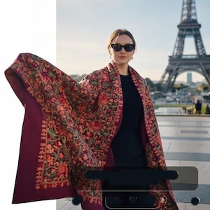 Embroidered Wool Shawl, Stole, Cashmere Wrap, Luxury Heirloom Shawl