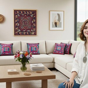 Funda de cojín bordada, hecha a mano con Aari, algodón sostenible, decoración bohemia, funda de almohada, bordado étnico, regalo del Reino Unido, 40,6 x 40,6 cm.