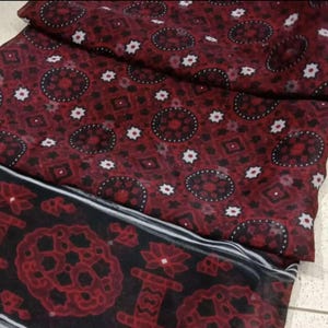 Hand Block Print Ajrak Shawl Sindhi Balochi Style Cotton Wrap Mirror Work Embroidery Stole