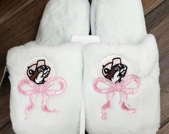 Buc-ee's Faux Fur Slippers with Pink Bow, Ultra-Light Teal, Open-Toe Comfort