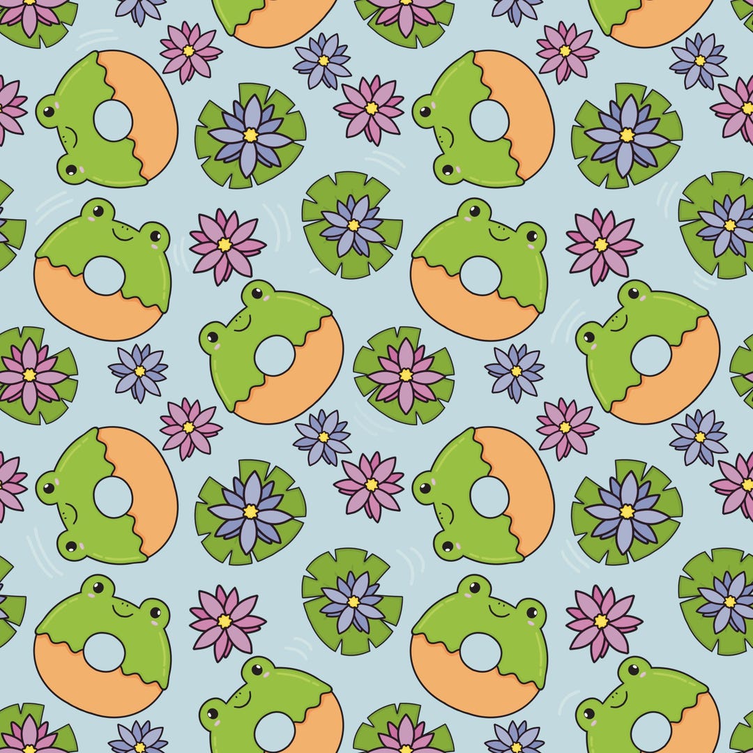 Seamless Pattern Digital Paper - Cute Frog Donuts and Lily Pads - Green ...