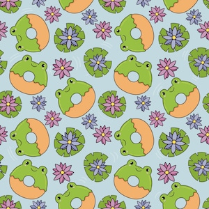 Seamless Pattern Digital Paper - Cute Frog Donuts and Lily Pads - Green and Light Blue backgrounds pack of 2
