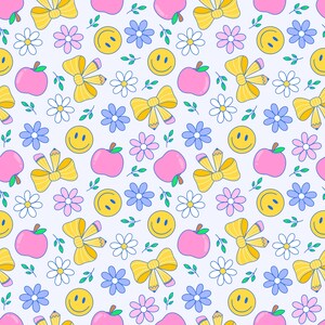 May include: A repeating pattern featuring pink apples, yellow bows with pencils, smiley faces, and various flowers in pink, blue, and white, with green leaves on a light blue background. This design has a cheerful, playful aesthetic.