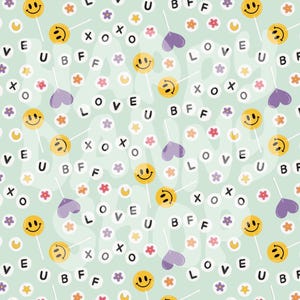 May include: A light green background with a repeating pattern of yellow smiley faces on lollipop sticks, purple hearts, flowers, and white circles with the words "LOVE U BFF" and "XOXO" in black.