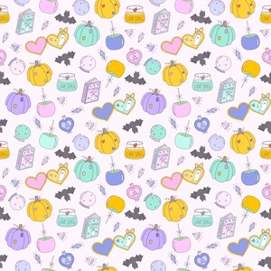 May include: A repeating pattern of whimsical Halloween-themed illustrations on a light pink background. The design includes pumpkins, hearts, bats, potion bottles, crystal balls, and spell books. The color palette features pastels and bright colors.