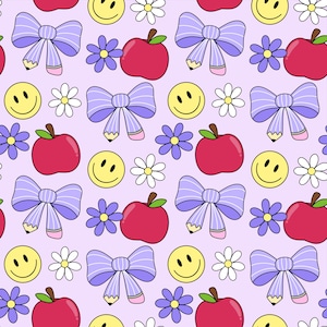 May include: A seamless pattern featuring a variety of colorful illustrations on a light purple background. The pattern includes apples, smiley faces, bows, and flowers.